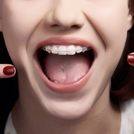 A woman with ceramic braces pointing at her mouth.